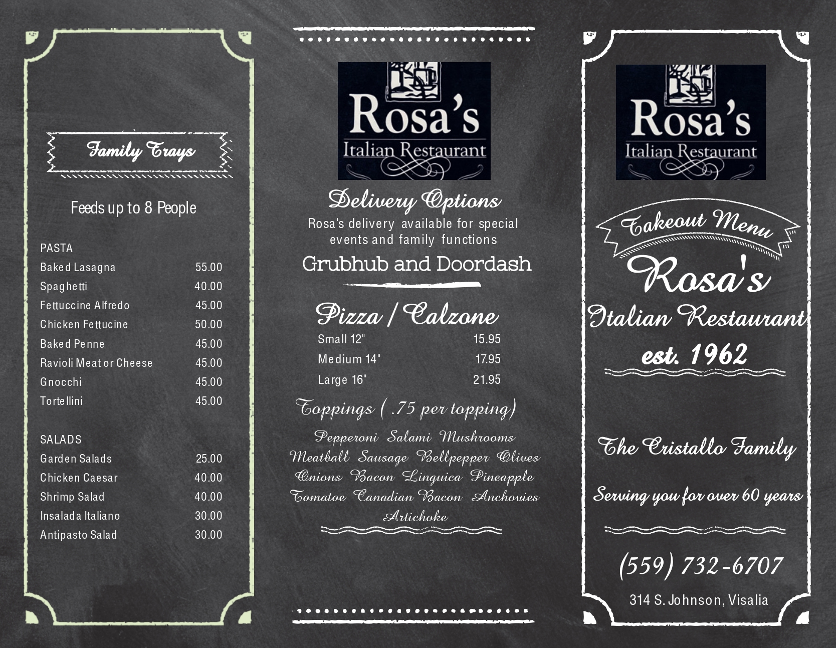 Rosa's Italian Ristorante take out menu Menu