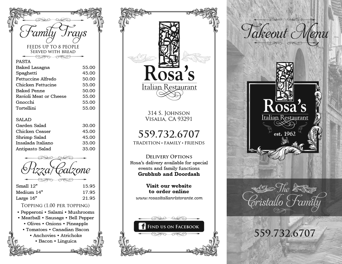 Rosa's Italian Ristorante take out menu Menu