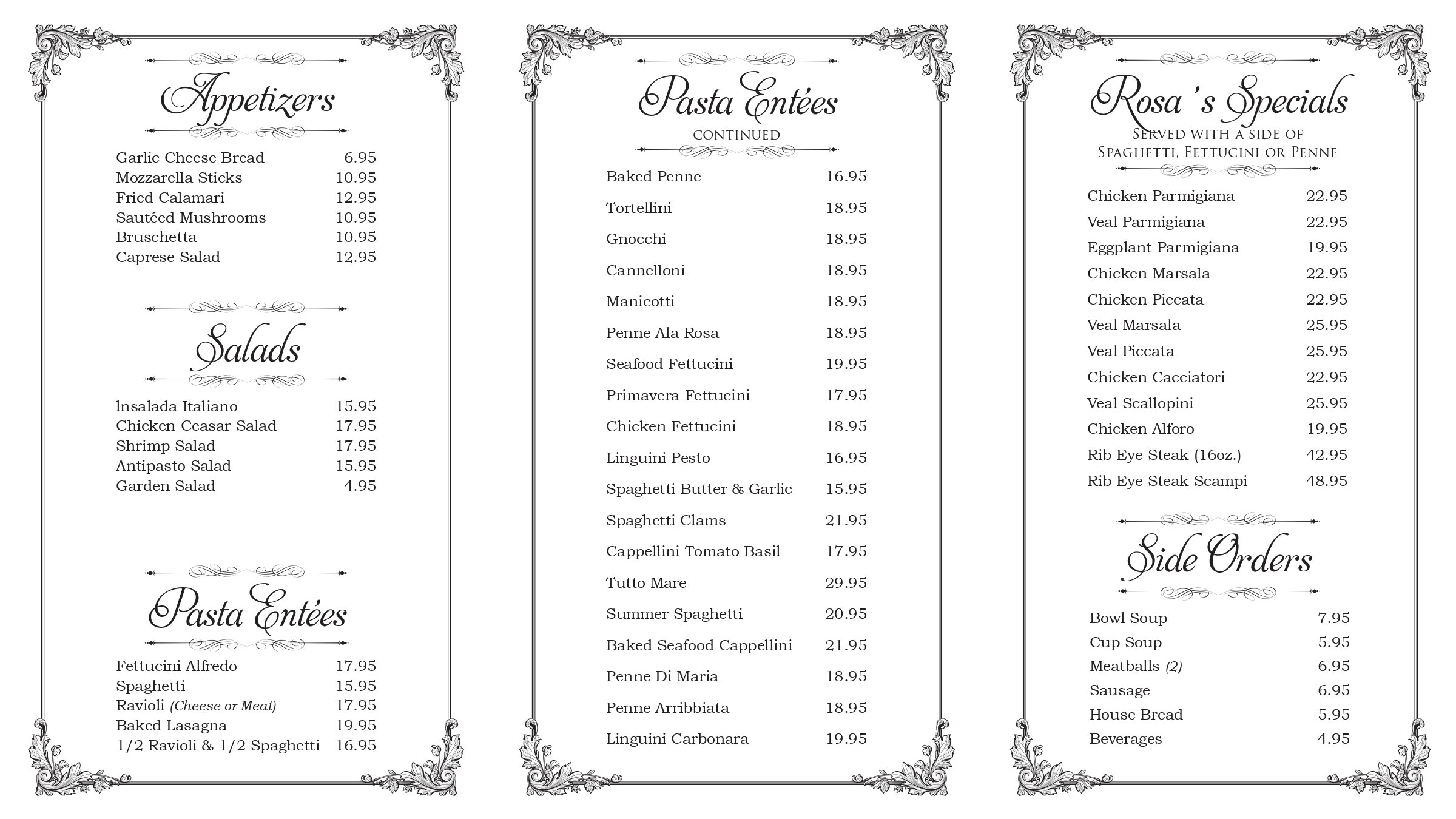 Rosa's Italian Ristorante launch Menu